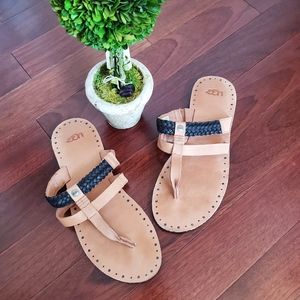 Ugg tan and black leather flip flop sandals